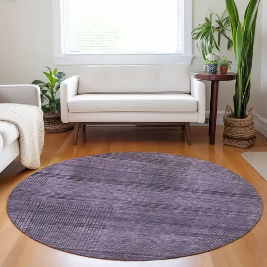 8' Plum Purple And Gray Round Striped Washable Indoor Outdoor Area Rug Photo 6