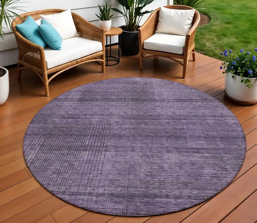 8' Plum Purple And Gray Round Striped Washable Indoor Outdoor Area Rug Photo 1