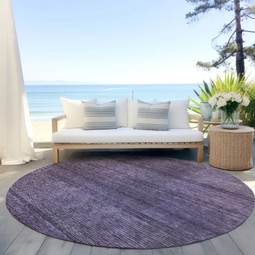 8' Plum Purple And Gray Round Striped Washable Indoor Outdoor Area Rug Photo 5