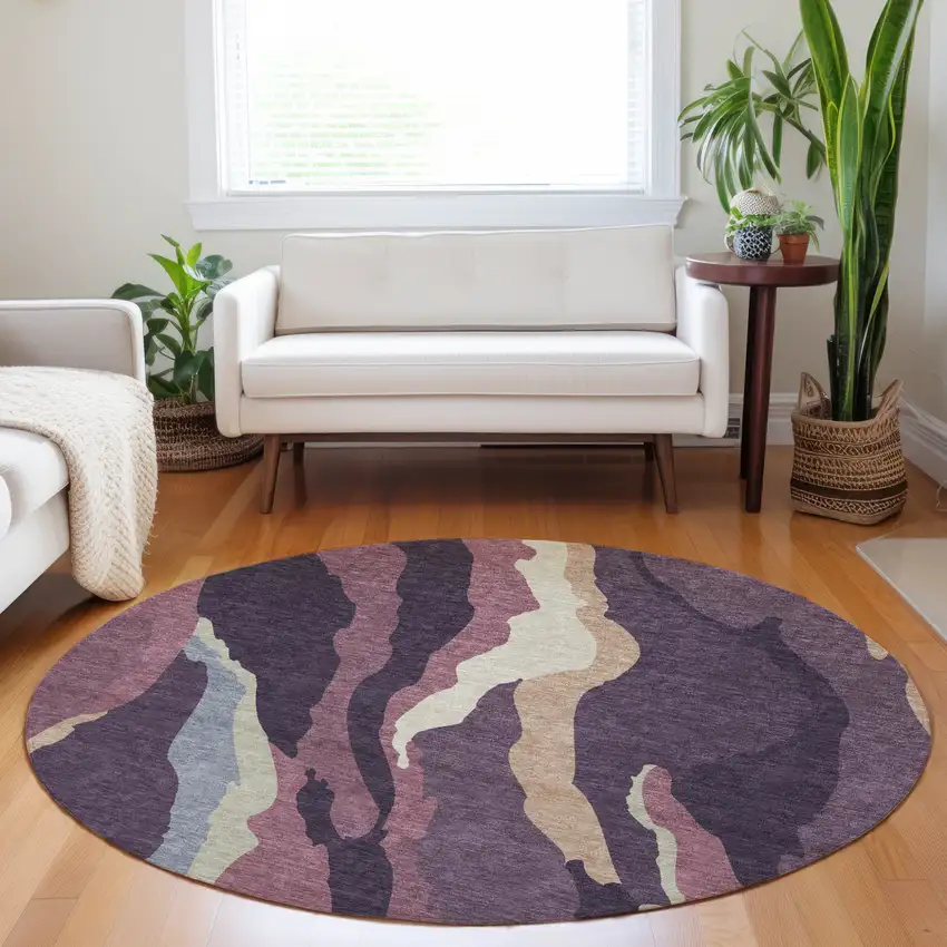 8' Plum Purple And Ivory Round Abstract Washable Indoor Outdoor Area Rug Photo 9