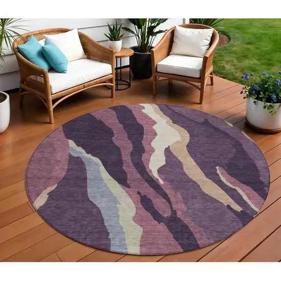 8' Plum Purple And Ivory Round Abstract Washable Indoor Outdoor Area Rug Photo 1