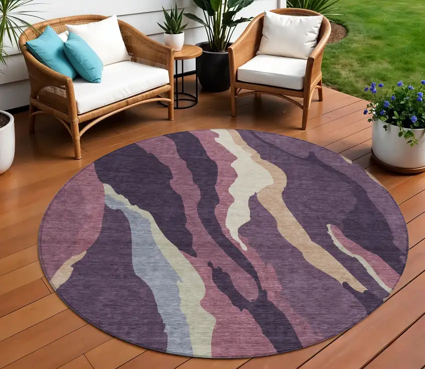8' Plum Purple And Ivory Round Abstract Washable Indoor Outdoor Area Rug Photo 1