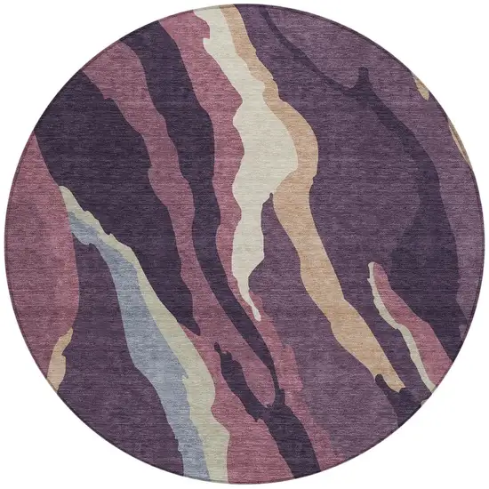 8' Plum Purple And Ivory Round Abstract Washable Indoor Outdoor Area Rug Photo 6