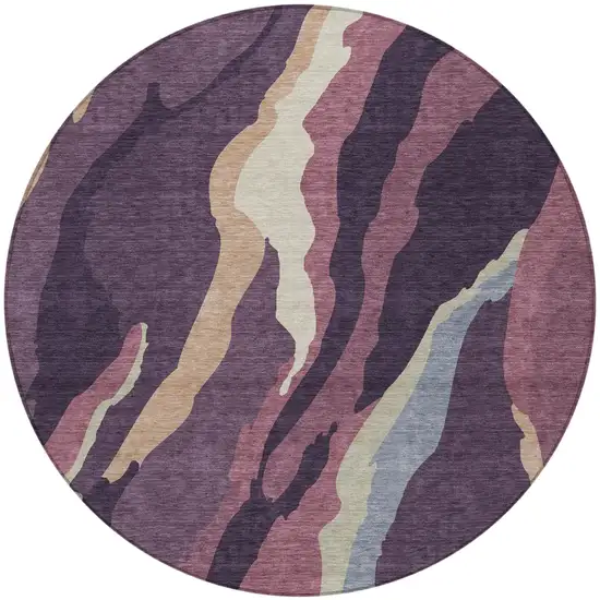 8' Plum Purple And Ivory Round Abstract Washable Indoor Outdoor Area Rug Photo 7