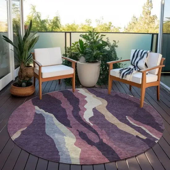 8' Plum Purple And Ivory Round Abstract Washable Indoor Outdoor Area Rug Photo 8