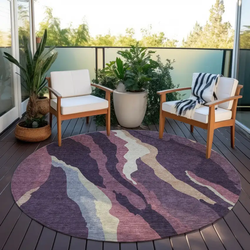 8' Plum Purple And Ivory Round Abstract Washable Indoor Outdoor Area Rug Photo 8
