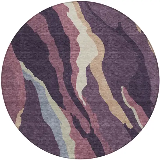 8' Plum Purple And Ivory Round Abstract Washable Indoor Outdoor Area Rug Photo 2