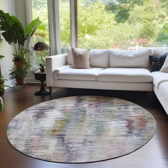 8' Plum Purple And Ivory Round Abstract Washable Indoor Outdoor Area Rug Photo 7