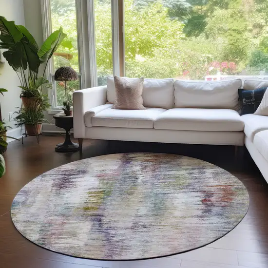 8' Plum Purple And Ivory Round Abstract Washable Indoor Outdoor Area Rug Photo 7