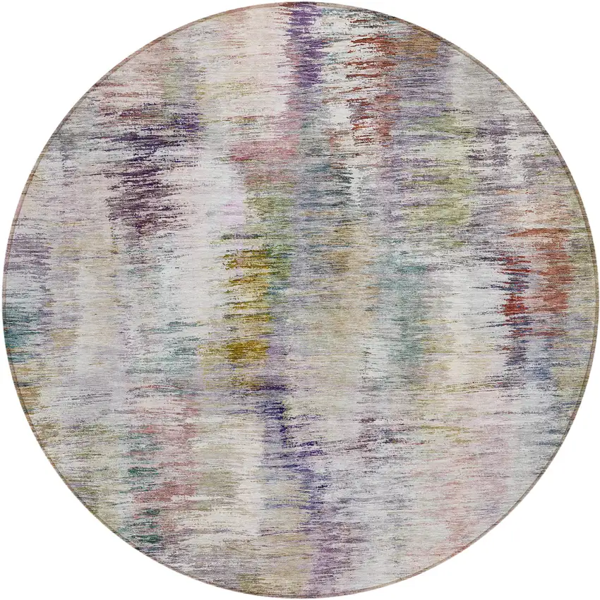 8' Plum Purple And Ivory Round Abstract Washable Indoor Outdoor Area Rug Photo 2
