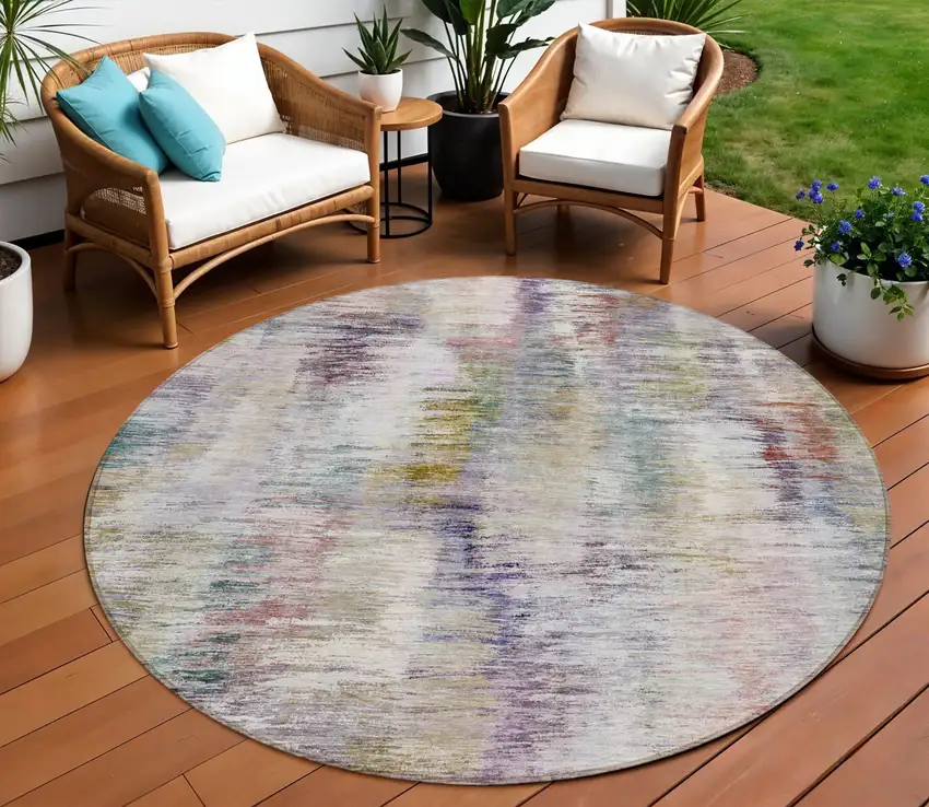 8' Plum Purple And Ivory Round Abstract Washable Indoor Outdoor Area Rug Photo 1