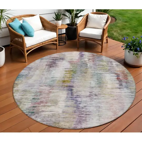 8' Plum Purple And Ivory Round Abstract Washable Indoor Outdoor Area Rug Photo 1