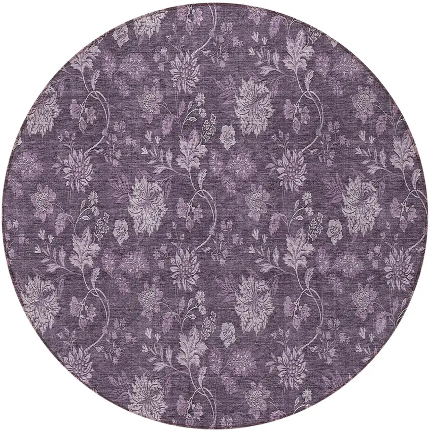 8' Plum Purple And Lavender Round Floral Washable Indoor Outdoor Area Rug Photo 5