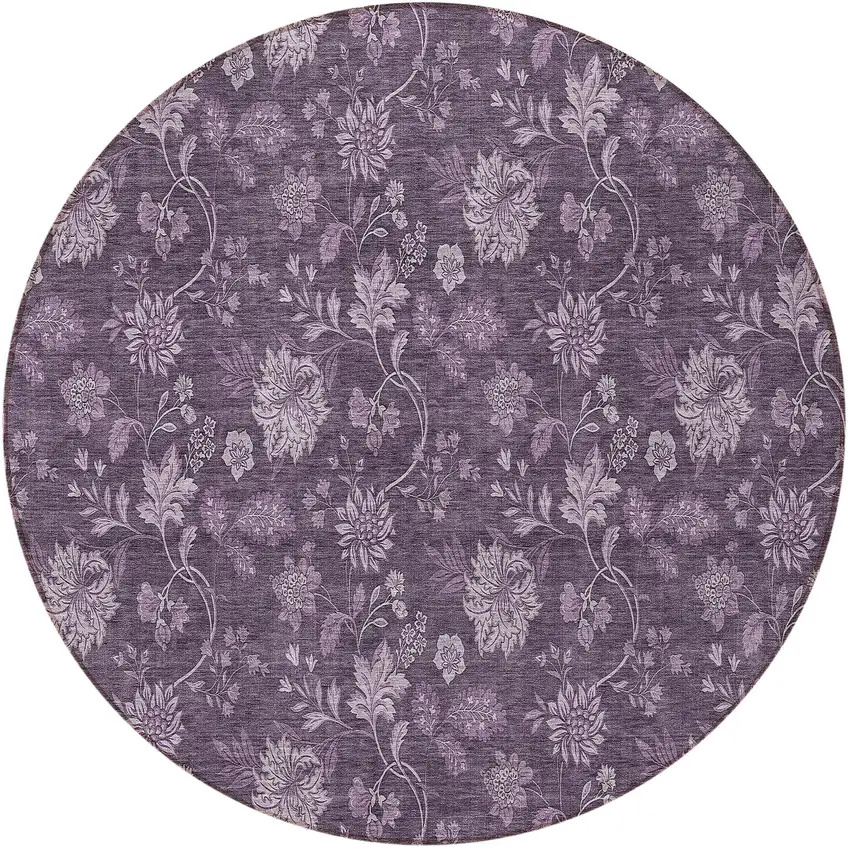 8' Plum Purple And Lavender Round Floral Washable Indoor Outdoor Area Rug Photo 5