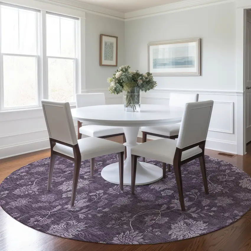 8' Plum Purple And Lavender Round Floral Washable Indoor Outdoor Area Rug Photo 7