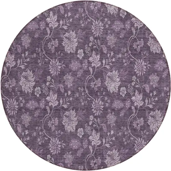 8' Plum Purple And Lavender Round Floral Washable Indoor Outdoor Area Rug Photo 2