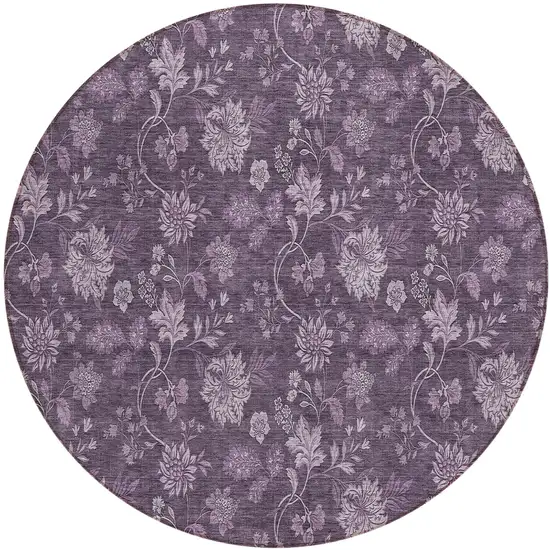 8' Plum Purple And Lavender Round Floral Washable Indoor Outdoor Area Rug Photo 2