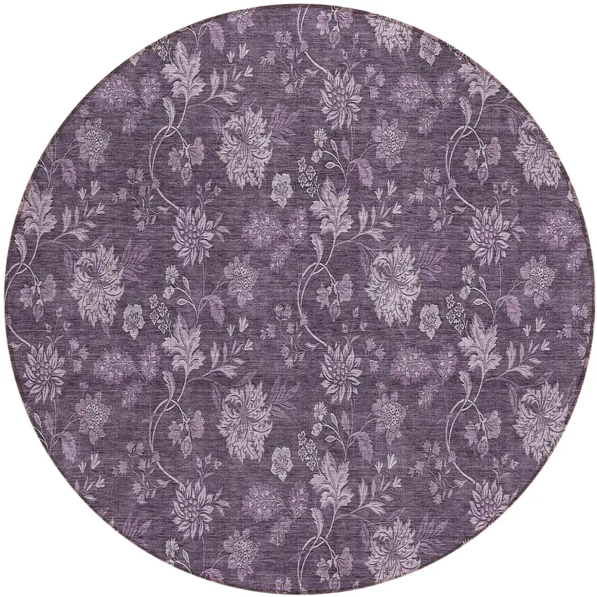 8' Plum Purple And Lavender Round Floral Washable Indoor Outdoor Area Rug Photo 2