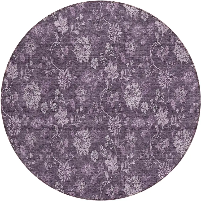 8' Plum Purple And Lavender Round Floral Washable Indoor Outdoor Area Rug Photo 2