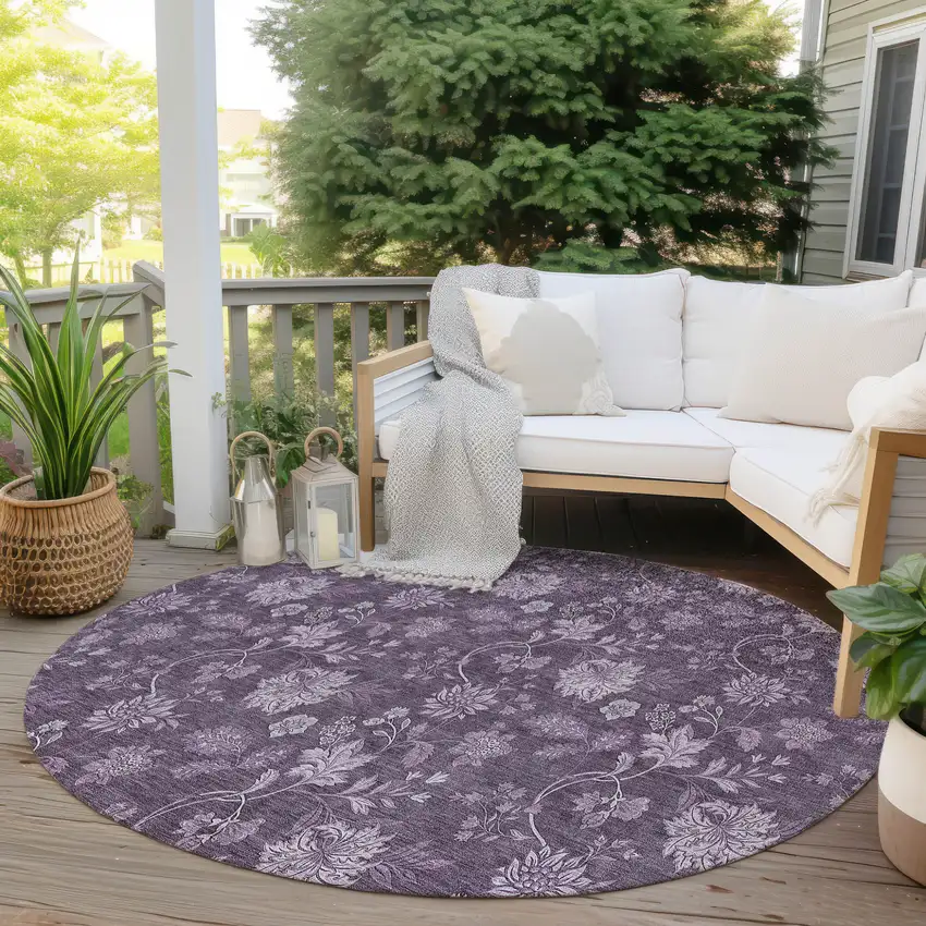 8' Plum Purple And Lavender Round Floral Washable Indoor Outdoor Area Rug Photo 6
