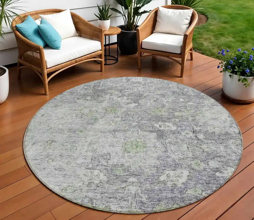 8' Plum Purple And Olive Green Round Oriental Washable Indoor Outdoor Area Rug Photo 1