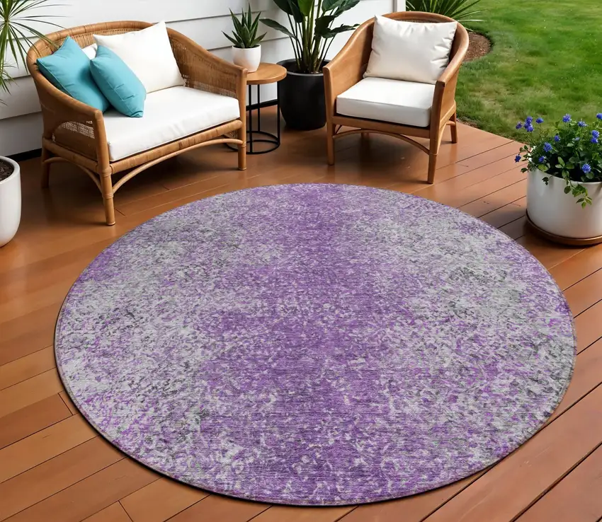 8' Plum Purple And Silver Round Oriental Washable Indoor Outdoor Area Rug Photo 1