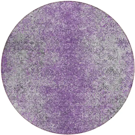 8' Plum Purple And Silver Round Oriental Washable Indoor Outdoor Area Rug Photo 2