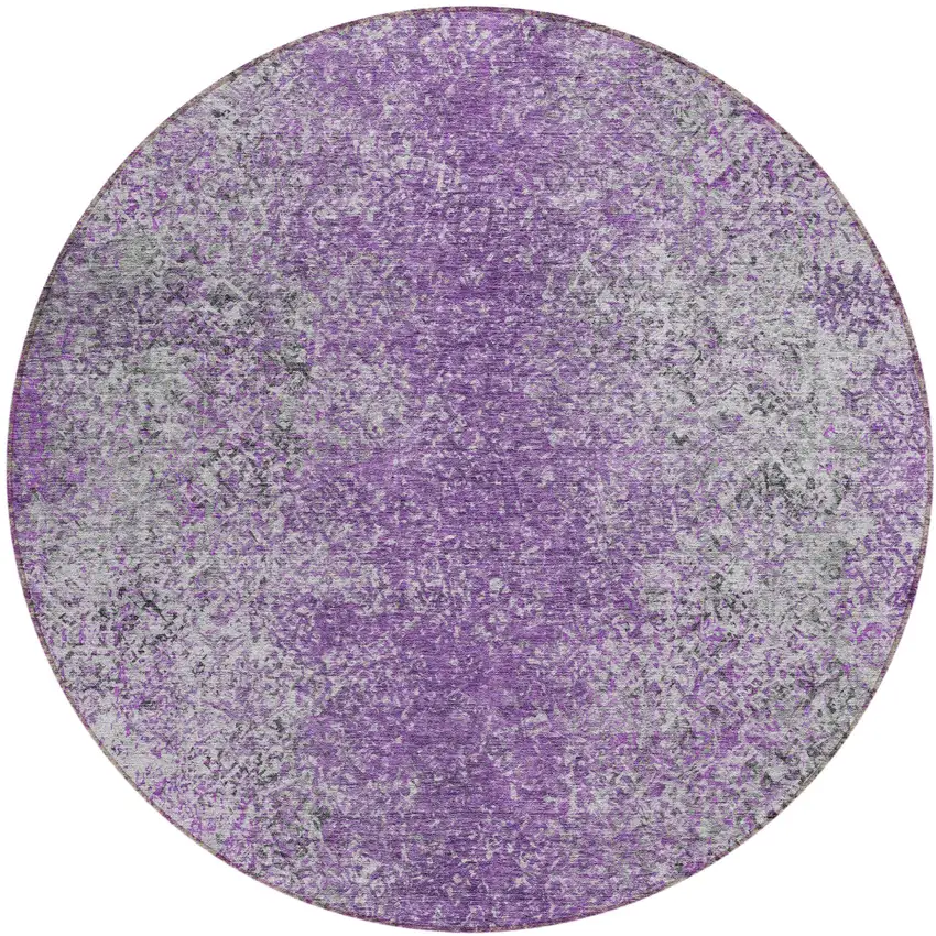 8' Plum Purple And Silver Round Oriental Washable Indoor Outdoor Area Rug Photo 2