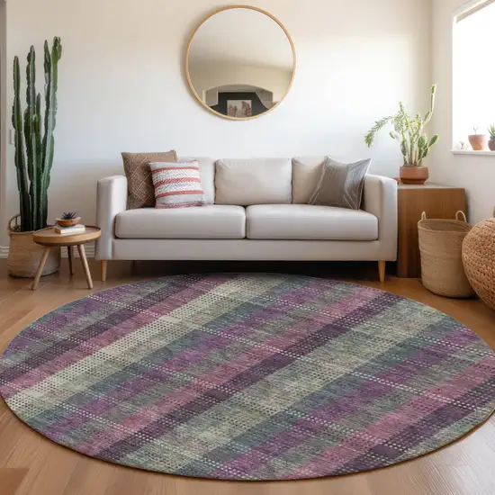 8' Plum Sage And Gray Plaid Washable Round Rug With UV Protection Photo 4