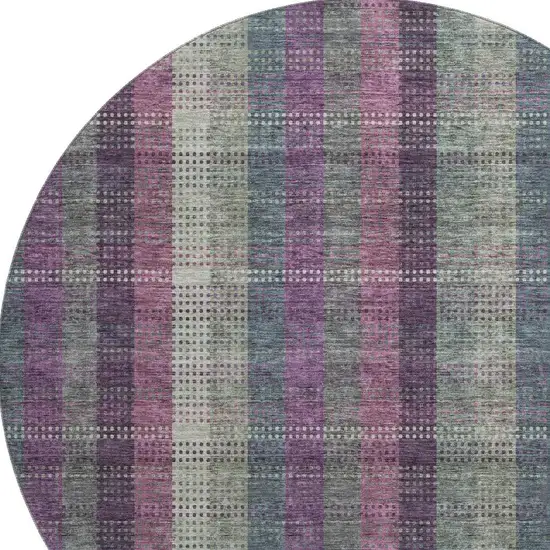 8' Plum Sage And Gray Plaid Washable Round Rug With UV Protection Photo 2