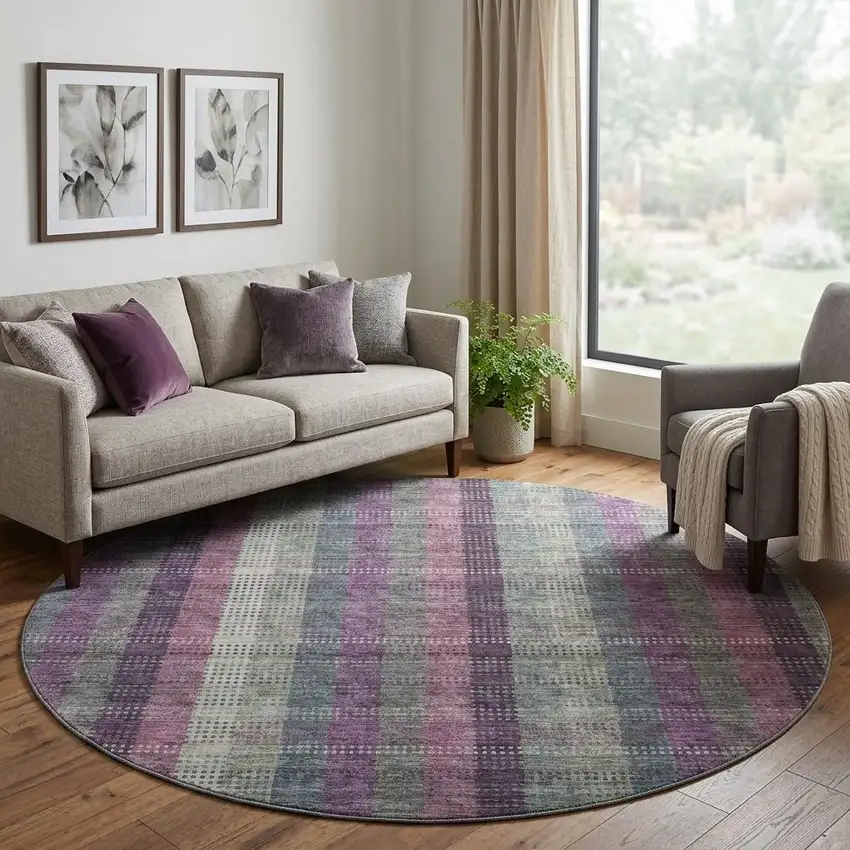 8' Plum Sage And Gray Plaid Washable Round Rug With UV Protection Photo 1