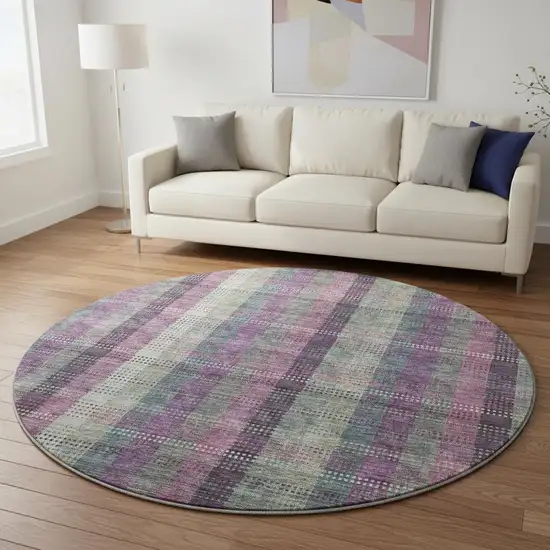 8' Plum Sage And Gray Plaid Washable Round Rug With UV Protection Photo 2
