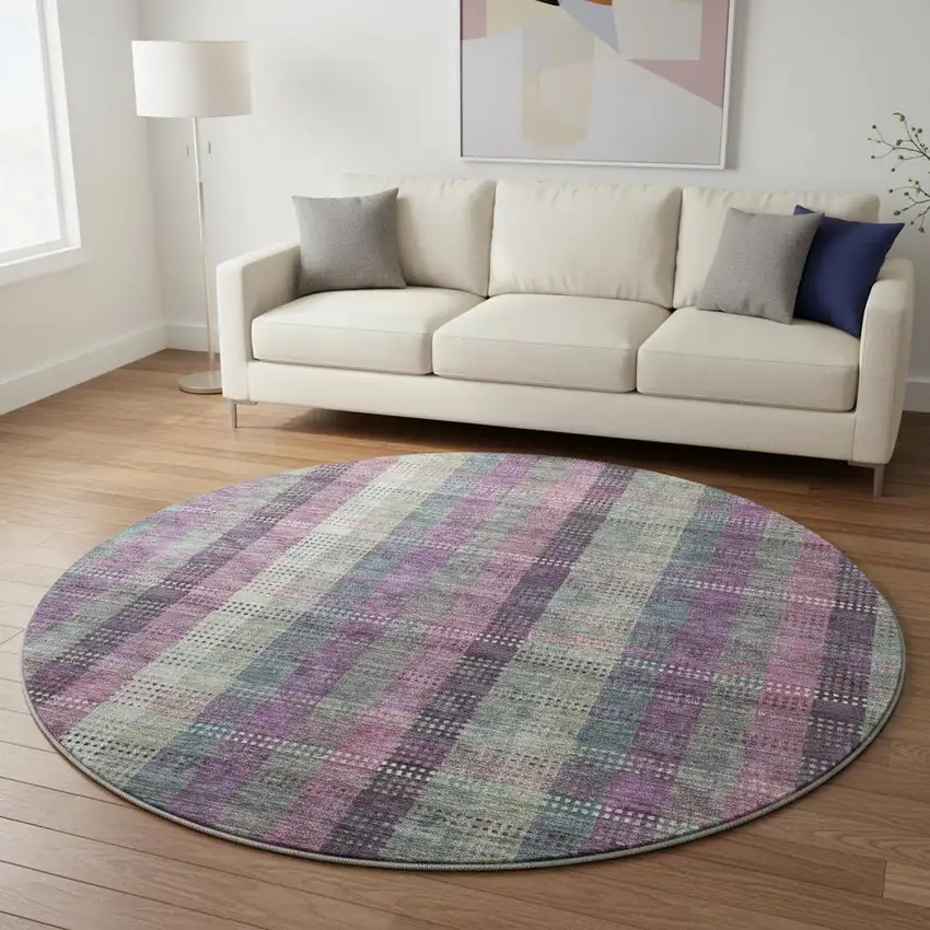 8' Plum Sage And Gray Plaid Washable Round Rug With UV Protection Photo 2