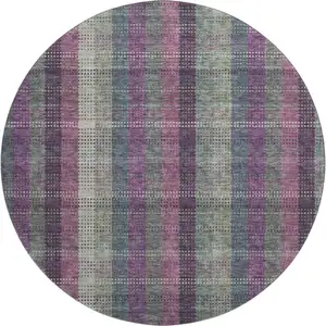 Photo of 8' Plum Sage And Gray Plaid Washable Round Rug With UV Protection