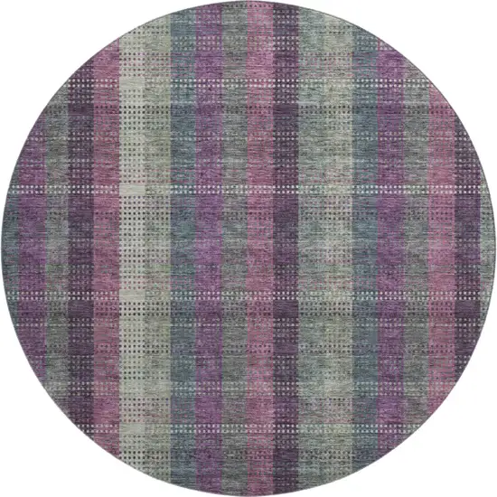 8' Plum Sage And Gray Plaid Washable Round Rug With UV Protection Photo 1