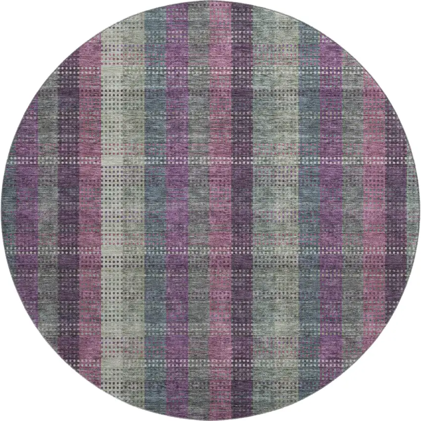 8' Plum Sage And Gray Plaid Washable Round Rug With UV Protection Photo 1