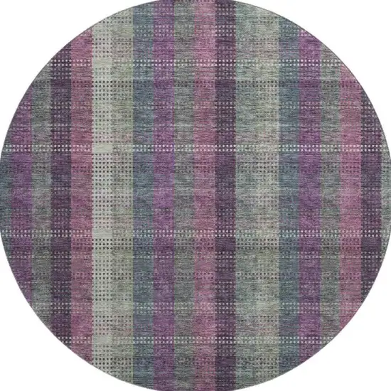 8' Plum Sage And Gray Plaid Washable Round Rug With UV Protection Photo 3