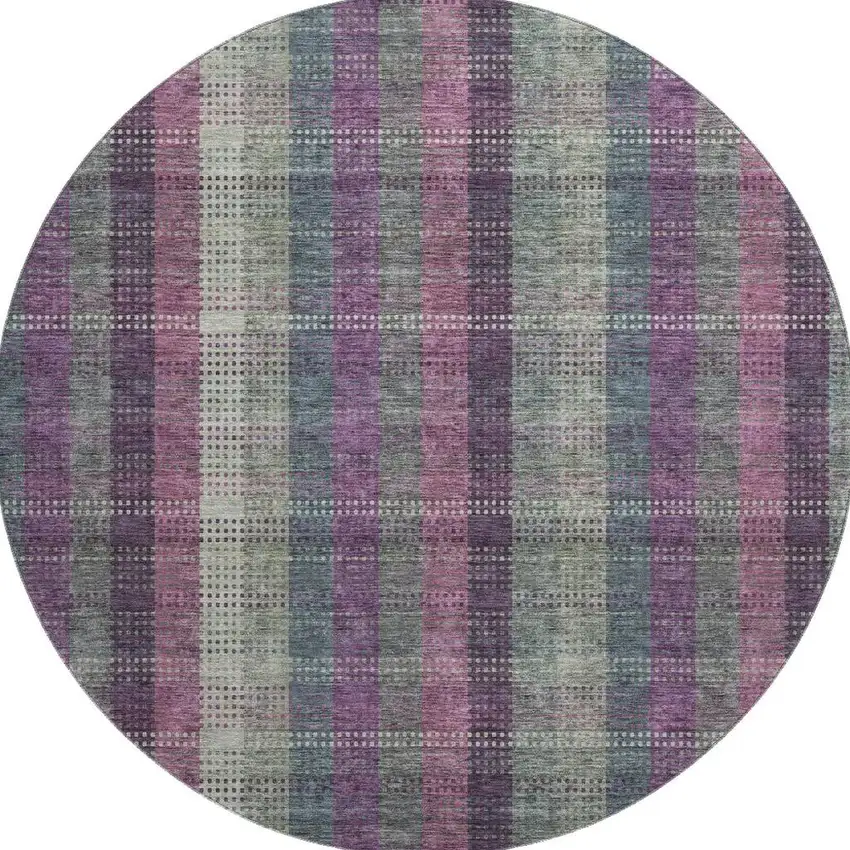 8' Plum Sage And Gray Plaid Washable Round Rug With UV Protection Photo 3