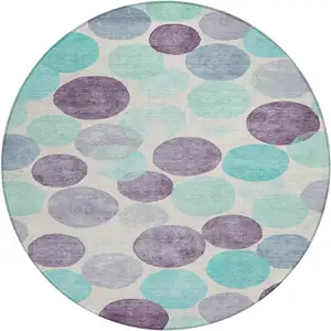 Photo of 8' Plum Teal Blue And Ivory Round Geometric Washable Indoor Outdoor Area Rug