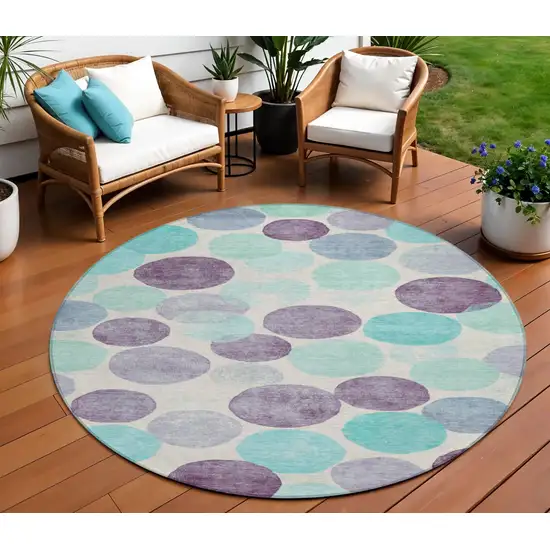 8' Plum Teal Blue And Ivory Round Geometric Washable Indoor Outdoor Area Rug Photo 2