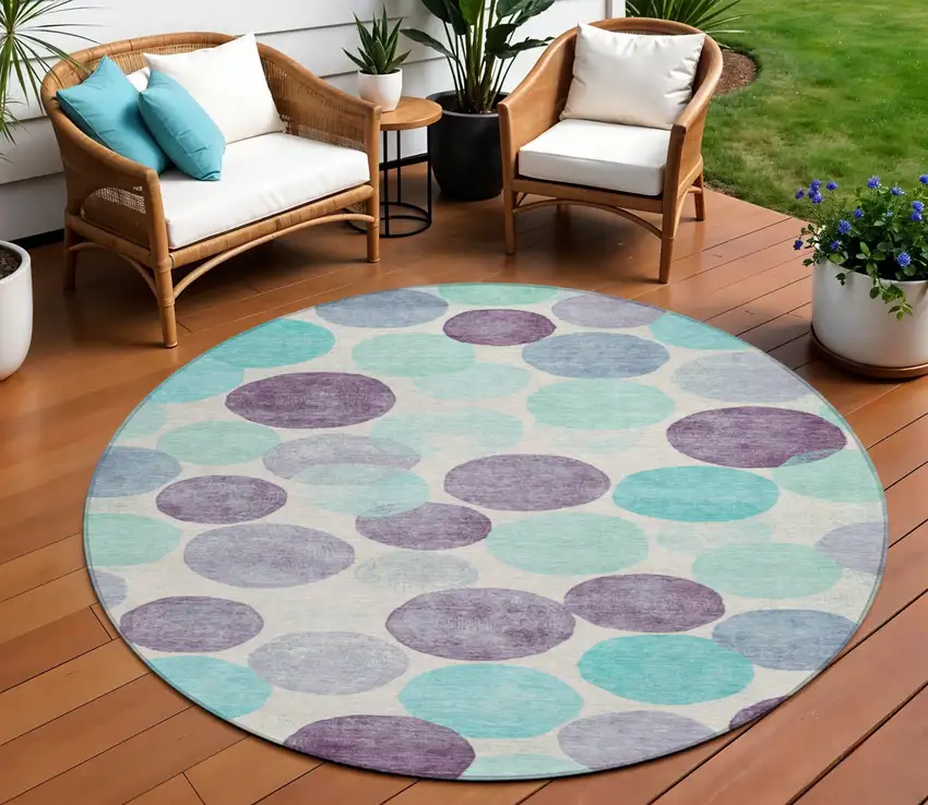 8' Plum Teal Blue And Ivory Round Geometric Washable Indoor Outdoor Area Rug Photo 2