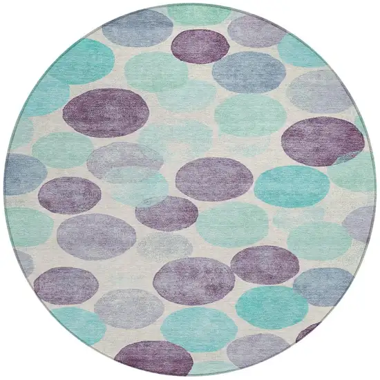 8' Plum Teal Blue And Ivory Round Geometric Washable Indoor Outdoor Area Rug Photo 4