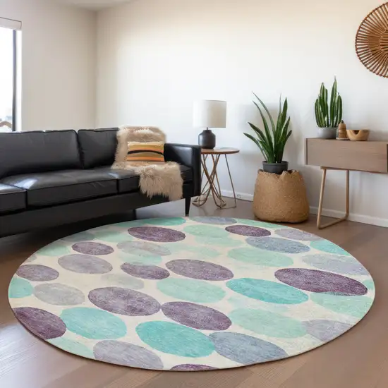 8' Plum Teal Blue And Ivory Round Geometric Washable Indoor Outdoor Area Rug Photo 6