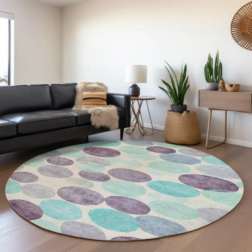 8' Plum Teal Blue And Ivory Round Geometric Washable Indoor Outdoor Area Rug Photo 6