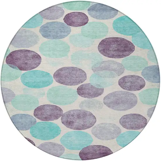 8' Plum Teal Blue And Ivory Round Geometric Washable Indoor Outdoor Area Rug Photo 3