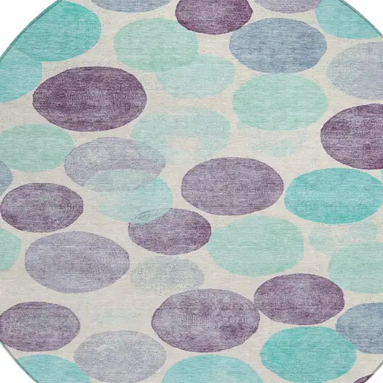 8' Plum Teal Blue And Ivory Round Geometric Washable Indoor Outdoor Area Rug Photo 7