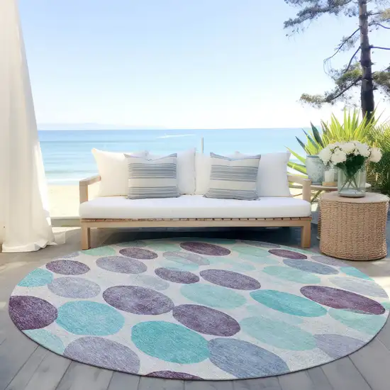 8' Plum Teal Blue And Ivory Round Geometric Washable Indoor Outdoor Area Rug Photo 5