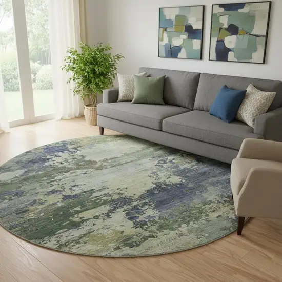 8' Purple And Beige Abstract Washable Round Rug With UV Protection Photo 2