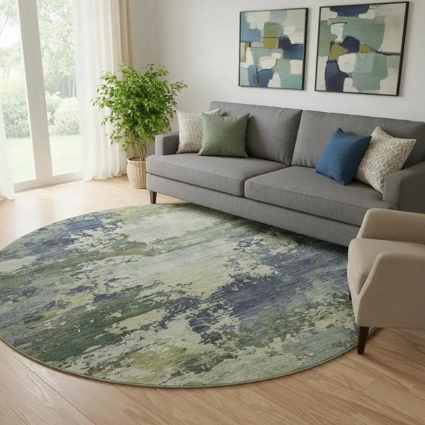 8' Purple And Beige Abstract Washable Round Rug With UV Protection Photo 2