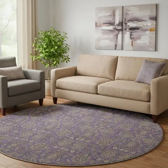 8' Purple And Beige Floral Washable Round Rug With UV Protection Photo 1